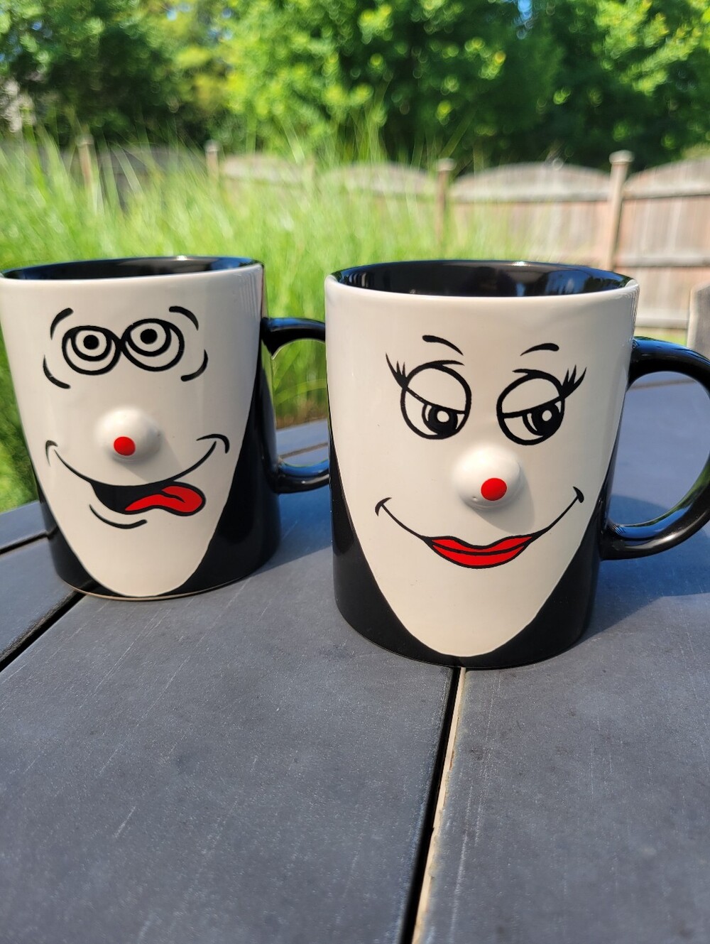 Whimsical Funny Face 3D Mugs Anthropomorphic Black & White Red Nose